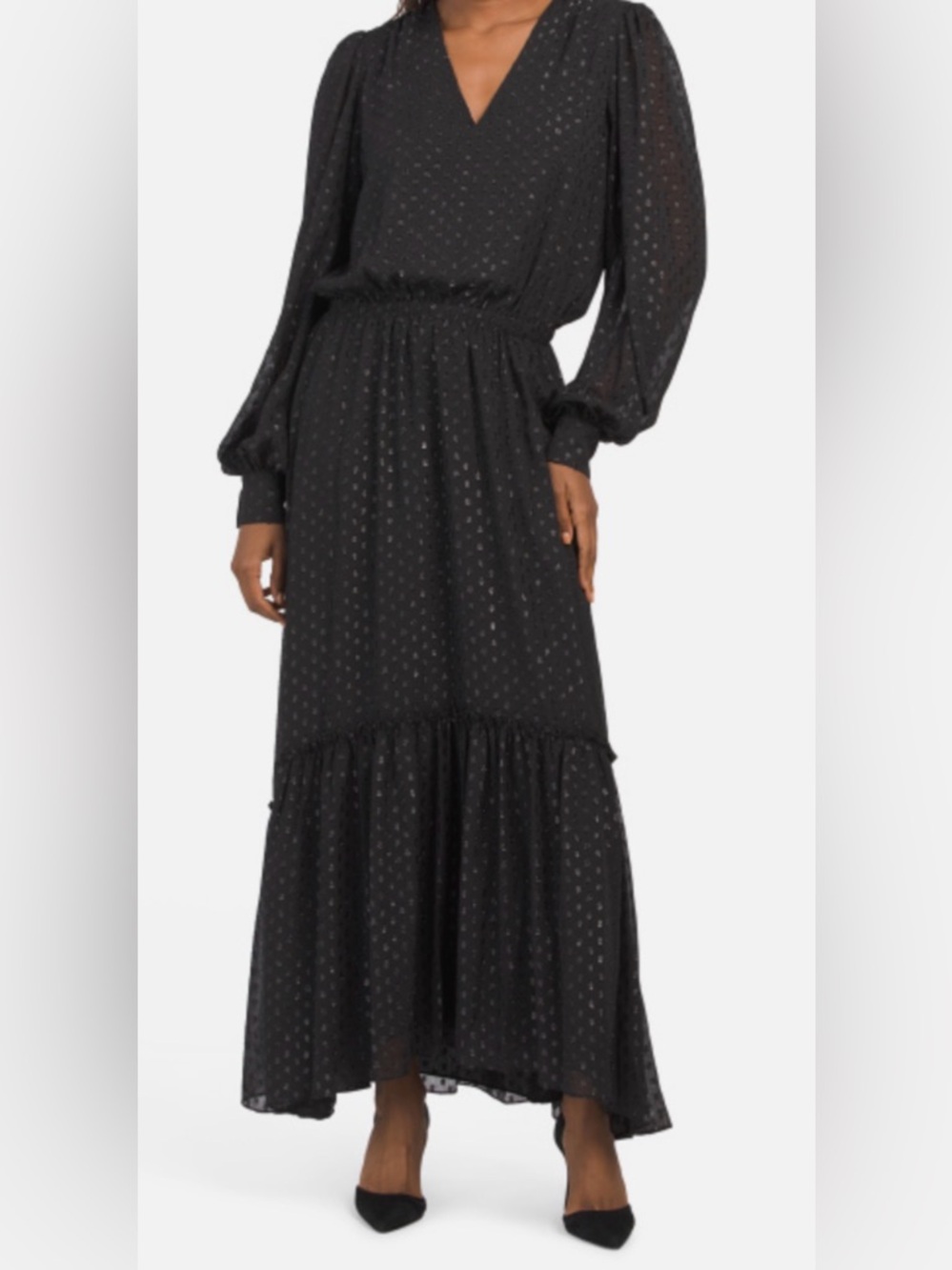 Ramy Brook Rora V-Neck Long Sleeve Metallic Clip Dot Maxi‎ Dress Black Size S